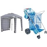 Qipi 6' x 6' Beach Cabana and Rio Beach Wonder Wheeler Deluxe Utility Cart with Cooler and Chair Storage