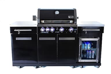 Mont Alpi Premium 70"W x 24"D Black Stainless Steel Compact Outdoor Kitchen Island with Refrigerator + 32"W 4-Burner BBQ Grill with Infrared Rotisserie Burner + Storage Cabinets + Granite Countertops