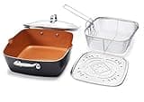 GOTHAM STEEL - 6 Quart XL Nonstick Copper Deep Square All in One 6 Qt Casserole Chef’s Pan & Stock Pot- 4 Piece Set, Includes Frying Basket and Steamer Tray, Dishwasher Safe,Brown