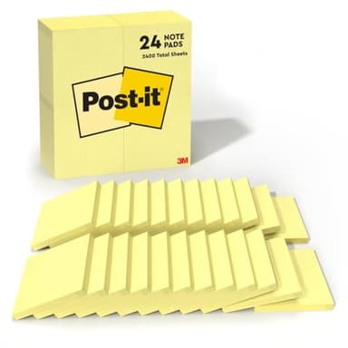 Post-it Notes, 3 in x 3 in, 24 Sticky Notes Pads, 100 Sheets per Pad, The Iconic Canary Yellow Note, School Supplies and Oﬃce Products