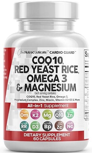 Clean Nutraceuticals COQ10 200mg Red Yeast Rice Omega 3 Magnesium Complex 500mg Niacin Zinc Vitamin K2 D3 - Heart Support Vitamins for Women & Men w/Vitamin B3, Coenzyme Q10-60 Ct