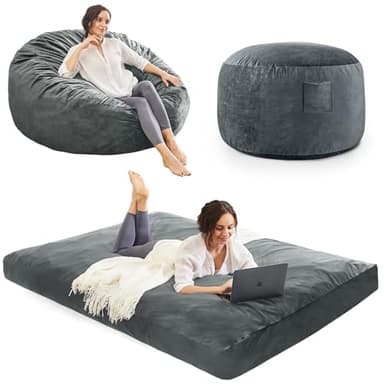 Bean Bag Chairs for Adults - Giant Bean Bag Chair Convertible Bean Bag Bed - Beanbag Chair with Micro Fiber Cover/Furniture Foam Filler - Floor Couch Sofa in Bedroom Dorm Room - Full Charcoal