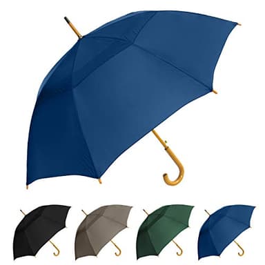 The Vented Urban Brolly 48" Arc Automatic Open Large Windproof Golf Umbrella, Classic Umbrella with Wooden J Handle, Vintage Style Lightweight Long Curved Handle Umbrella for Rain - Navy Blue