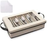 NUNEZRO Silverware Storage Case - Sterling Silver Flatware Organizer Box with Adjustable Dividers and Removable Lid - Complete with Microfiber Cloth - Silverware Storage Boxes for 12