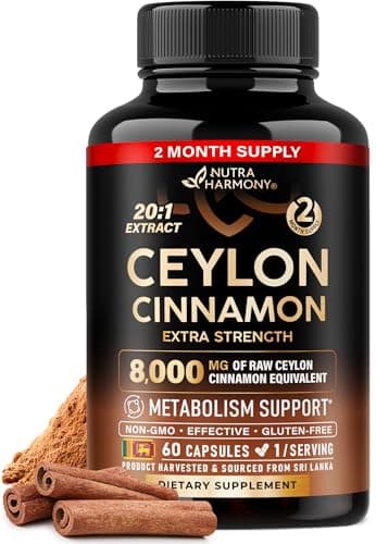 Ceylon Cinnamon Capsules - Extra Strength - Energy Heart & Metabolism Support for Men & Women - Pure Natural Cinnamon 20:1 Extract Supplement - GMO & Gluten Free - Made in USA - 60 Capsules 2 Month