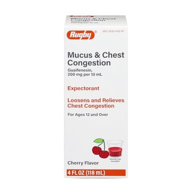 Rugby Mucus & Chest Congestion Cough Syrup, Guaifenesin 200 mg Expectorant, Cherry Flavored - 4 Fl Oz (1 Pack)