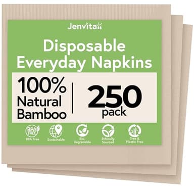 Jenvita Everyday 100% Bamboo Compostable Napkins Disposable 250-Pack | Table Napkins Disposable for Lunch, Dinner,Events & Entertaining | 2-Ply FSC Certified | Compostable Paper Towels | 6.5 x 6.5Inch