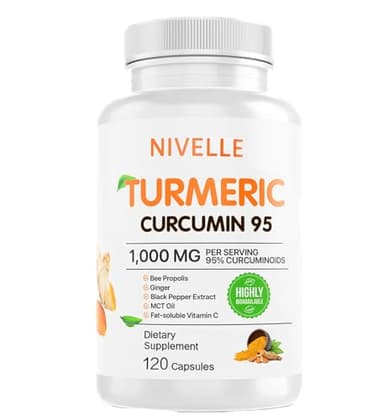 NIVELLE Turmeric Curcumin | Pure Turmeric Curcumin Supplement 1000mg | 95% Curcuminoids with Bee Propolis, Ginger, MCT Oil, Fat Soluble Vitamin C, & Black Pepper | 120 Capsules (1)