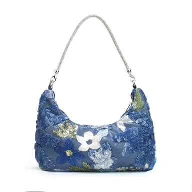 Nefokfdus Women's Beaded Sequin Floral Evening Bag Embroidered Top Handle Underarm Shoulder Handbags for Wedding Party