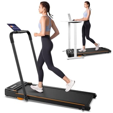 UREVO Strol 2E Smart 2-in-1 Folding Treadmill, Compact Walking Pad with Safety Handle, Plug and Play, Dual LED Display, Workout APP, Walking or Running for Home Office, Remote Included, Tangerine