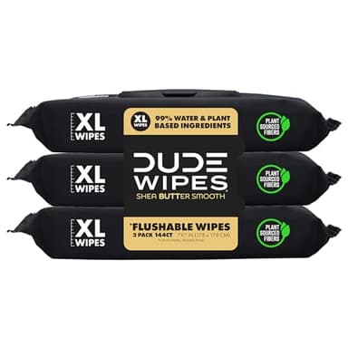 DUDE Wipes Shea BUTTer Flushable Wipes - Extra-Large Adult Wet Wipes - 3 Pack (144 Count) - Infused with Coconut Oil, Vitamin E, and Aloe - Septic and Sewer Safe