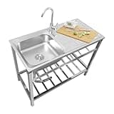 Freestanding Utility Sink,304 Stainless Steel Single Bowl Kitchen Sinks with Hot and Cold Faucet and Storage Shelves,Outdoor Backyard Garage Laundry Sink with Workbench, Commercial Prep Basin(Double l