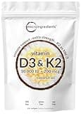 Vitamin D3 10000 iu Plus K2 (MK-7) 200 mcg, 300 Virgin Coconut Oil Softgels| 2 in 1 Vitamins D & K Complex | Supports Calcium Absorption, Bone, Immune, & Heart Health – Easy to Swallow