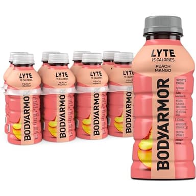 BODYARMOR LYTE, Peach Mango, Electrolyte Drink, 15 Calories, 12 Fl Oz Bottles (8 Pack), Coconut Water Sports Drink, Natural Flavor & B Vitamins