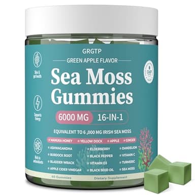 Sea Moss Gummies 16-in-1 - Ashwagandha Black Seed Oil Bladder Wrack Turmeric Vitamin C & D3 with Manuka Burdock Root Dandelion Yellow Dock Natural Detox & Liver Health Immune Support, Energy Boost