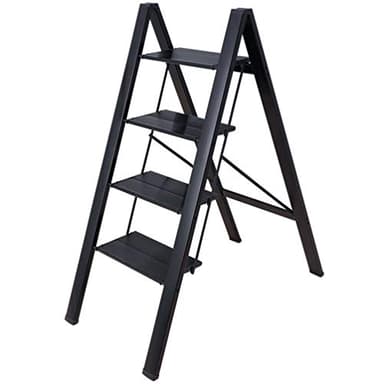 BAOYOUNI 4 Step Ladder Lightweight Folding Aluminum Step Stool Heavy Duty Stepladders 298lbs with Anti-Slip Wide Pedal for Household, Office, Garage, Garden, Painting - Black