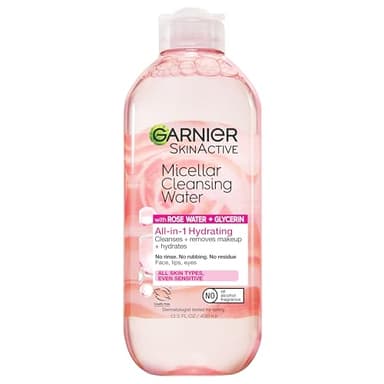 Garnier Micellar Water with Rose Water and Glycerin, Hydrating Facial Cleanser & Makeup Remover, For All Skin Types, Vegan, Cruelty Free, 13.5 Fl Oz (400mL), 1 Count