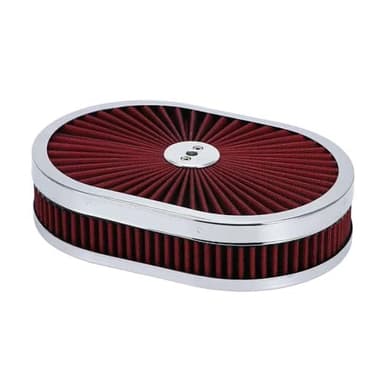 12"x2" Oval Air Cleaner Filter Assembly 5-1/8" Carb Neck w/Flow-Thru for Caburetor Lid High Flow Chrome Compatible With GMC Chevy Ford Chryler Dodge (Red)