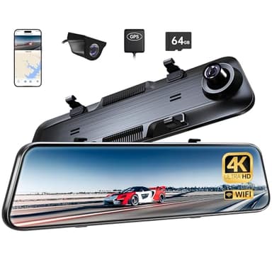 Pelsee P12 Plus 4K Rear View Mirror Camera with ADAS and BSD, 5.8GHz WiFi Mirror Dash Cam Front and Rear, Backup Camera for Car, GPS, 64GB Card Included, WDR Night Vision, Voice Control, 12" Display