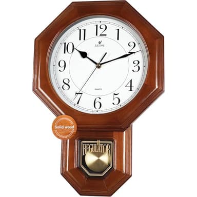 JUSTIME Traditional Schoolhouse Solid Wood Pendulum Wall Clock Chimes Hourly with Westminster Melody Chime Made in Taiwan (Dark Wood w/Westminster Chime)