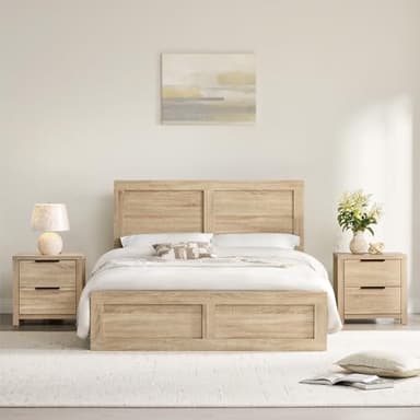KISLOT 3 Pieces Bedroom Set, Queen Size Wood Platform Bed Frame and 2 Nightstands, Storage Nightstand with Type-C Charging Port, Farmhouse Bedroom Furniture Set