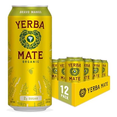 Yerba Madre Organic Yerba Mate, Low Sugar Bravo Mango, 150mg Natural Caffeine, Energy Drink Alternative, No Jitters or Crash, 15.5 Oz (Pack of 12)