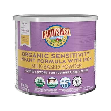 Earth's Best Organic Sensitivity Infant Formula, Babies 0-12 Months, Reduced Lactose, Iron, Omega-3 DHA, Omega-6 ARA, Organic Baby Formula, 21 Ounce Container