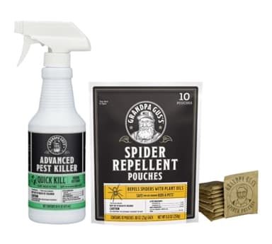 Grandpa Gus's Spider & Pest Control Bundle: 10 Natural Spider Repellent Pouches and 16oz Advanced Pest Killer Spray, Effective Fall Protection, Safe for Kids and Pets