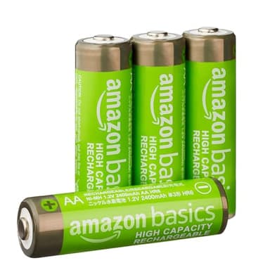 Amazon Basics 4-Pack Rechargeable AA NiMH High-Capacity Batteries, 2400 mAh, 1.2V, Low Self Discharge, Pre-Charged, Recharge up to 400x Times