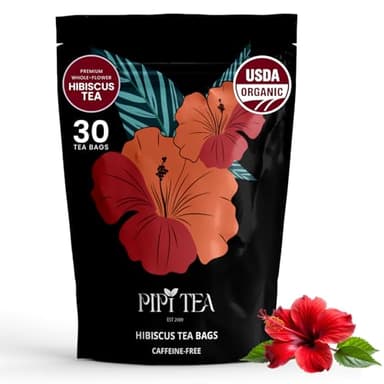PiPi Tea Organic Hibiscus Tea Bags – Caffeine Free Herbal Tea Rich in Antioxidants, Non-GMO & Vegan, Sourced from Premium Hibiscus Flowers for Daily Wellness & Heart Health Support, 60g