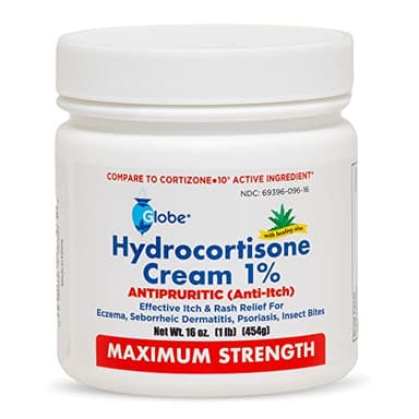 Globe Hydrocortisone Maximum Strength Cream 1% w/Aloe, 16 oz, Anti-Itch Cream for Redness, Swelling, Itching, Rash, Bug/Mosquito Bites, Eczema, Hemorrhoids & More, 16 oz Jar
