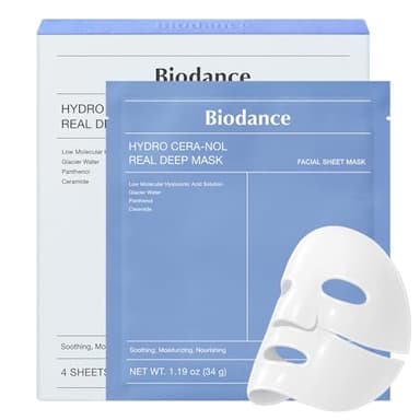 BIODANCE Hydro Cera-nol Real Deep Mask, Hydrating Overnight Hydrogel Face Mask, Moisturizing, Redness Reducing, Quick Soothing, After Sun Care, Sunburn Relief, Korean Skin Care |1.19oz(34g) x4ea