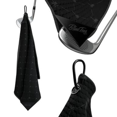 Blue Tees Golf Premium Magnetic Towel - Super Strong Magnet - Microfiber Waffle Design - Silicone Brush - Groove Cleaner - Bag Buckle - Standard & Caddy Sizes (Black/Palm Tree, Bag Towel 18x18)