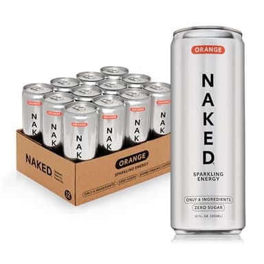 Naked Sparkling Energy Drink - Orange, Organic Caffeine, Organic Lemon Juice, Zero Sugar, No Sucralose, Naturally Sweetened, Clean Energy Drinks, Vegan, Gluten-Free, Non-GMO - 12oz Cans (Pack of 12)