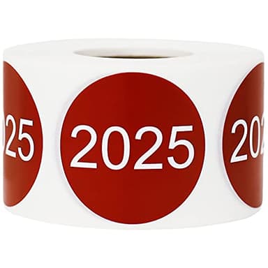 InStockLabels 2025 Year Stickers (Cranberry) - 1.5", 500 Round Stickers Per Roll Round Labels for File Folders, End of Year Organization, Office & Home Use