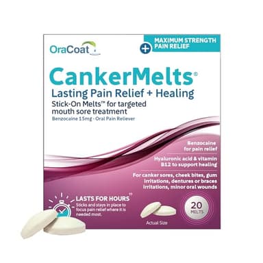 Oracoat CankerMelts Canker Sore Treatment - Stick-On Pain Relief Melts for Fast Acting Relief Inside Mouth with Benzocaine, Hyaluronic Acid & Vitamin B12, Pack of 20