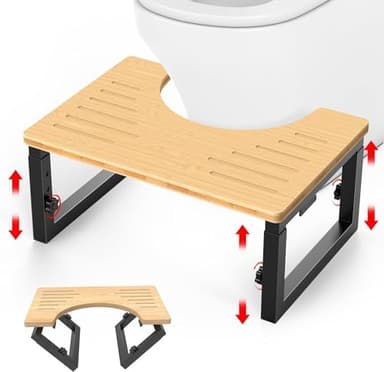 Bamboo Toilet Stool Foldable, 7 in, 8 in Or 9 in Adjustable Height Squat Stool Potty for Adults, Sturdy Poop Step Stool for Bathroom, Improve Squatting Posture, Non-Slip,500 lbs Capability