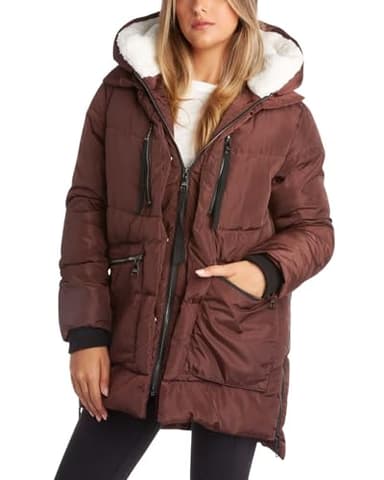 Steve Madden Womens Winter Coats - Midlength Parka Jackets for Women Insulated Quilted Puffer Jacket Womens Faux Sherpa Hood, Size Medium, Brown