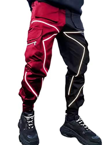 Nutriangee Men's Punk Rock Street Harem Pants, Reflective Technical Hip Hop Jogger Sport Pants Black/Red Large