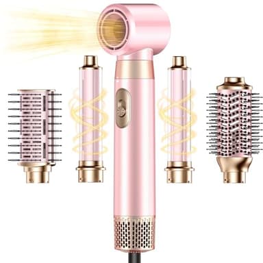 5 in 1 Blow Dryer Brush Set, Upgrade Hair Dryer & Blow Dryer Brush & Air Curling Wrap & Paddle Brush, Detachable Hot Air Brush Styling Tools, High Speed Travel Hair Volumizer Straightener Curler Pink