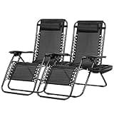 Nazhura Set of 2 Relaxing Recliners Patio Chairs Adjustable Steel Mesh Zero Gravity Lounge Chair Beach Chairs with Pillow and Cup Holder Black