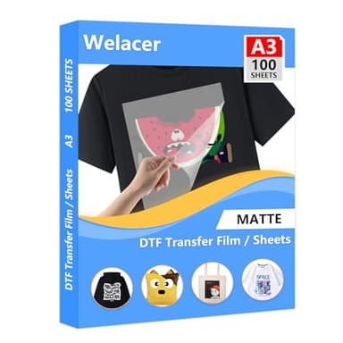DTF Transfer Film A3 100 Sheets Double-Sided Matte DTF Film, PET Heat Transfer Paper for Inkjet Printer DTG Printer Direct Print On T Shirts Textile(Hot & Cold Peel)