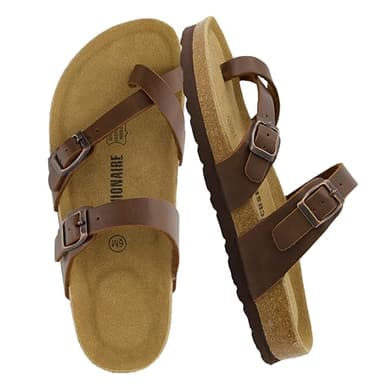 CUSHIONAIRE Luna Sandals for Women, Cork Footbed Womens Sandals for Summer Comfort with Adjustable Straps, Wide Width Available, BROWN 9