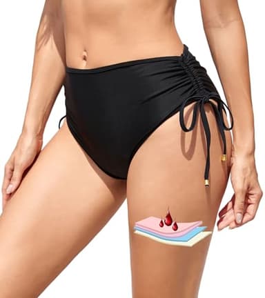 Leoparts Period Swimwear for Women Teens Black Leakproof Swim Bottoms High Waist Side Drawstring Menstrual Swimsuit Bottoms