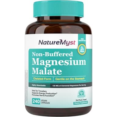 NatureMyst Magnesium Malate, Chelated Form, Highly Absorbable, Non-Buffered, Gentle on Stomach, for Adults & Children, Flexible Dose, Energy Production, Nerve & Muscle Function, 240 Vegan Capsules