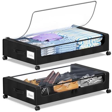YAASHEEN Under Bed Storage with Wheels, 2-Pack Under the Bed Storage Containers with Clear Lids & Label, Underbed Storage Bins, XXL 60L Rolling Metal Drawer for Clothes, Shoes, Toys, Books - Black