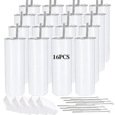 16 Pack Sublimation Tumblers Straight Skinny Tumbler Blanks Bulk 20oz for Heat Transfer, Individual Gift Boxed, Double Wall Insulated Tumbler with Shrink Wrap & Straws