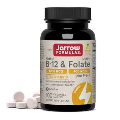 Jarrow Formulas Methyl B-12 & Methyl Folate, Bioactive Vitamin B9 & Vitamin B12 Supplement, Supports Cellular Energy Production, Healthy Brain Function & Metabolism, 100 Chewable Tablets, 100 Servings