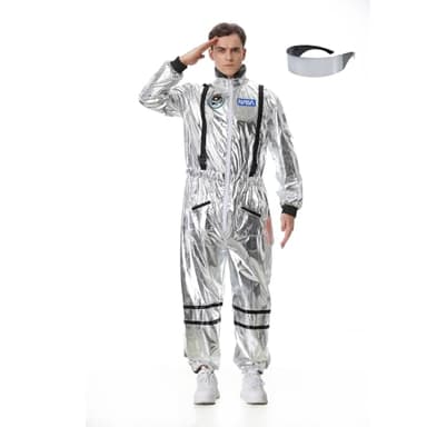 TOONRAIN Silver Astronaut Costume for Men Jumpsuit with Light-Up Glasses(Silver Glasses,L)