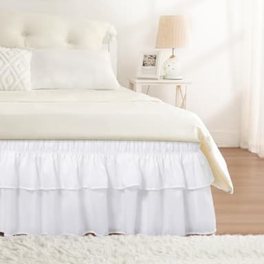 RIMELA Ruffle Bed Skirt White Queen 16 Inch Drop, Elastic Wrap Around Bed Skirting Queen Size, Easy to Install Dust Ruffle, Machine Washable Soft Fabric, Multi Ruffle Bedskirt